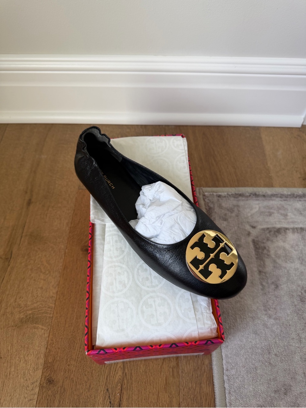 Tory Burch Claire Ballet Flat Shoes Size 7 Black Calf Leather